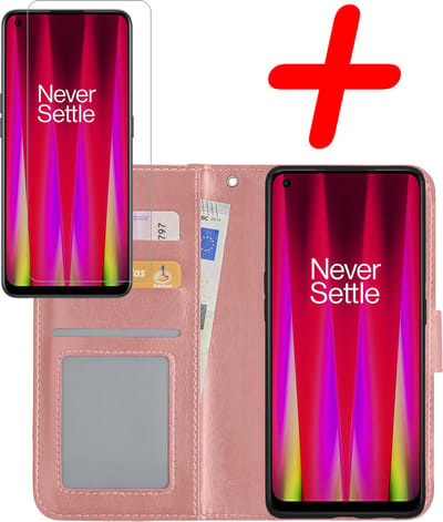 Hoesje Met Screenprotector - Geschikt voor OnePlus Nord CE 2 - Luxe Pasjeshouder - Bookcase Portemonee - Flip Case - Kunstleer Book Case - Flipcase - Book Cover - Walletcase - Portemonneehoes - Rosé goud