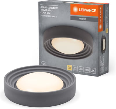 LEDVANCE ORBIS Concrete, grijze betonnen plafondlamp met LED, 18W, 1500lm, 3000K vriendelijk warm wit, dimbaar in 3 niveaus door te klikken, 400mm diameter, IP20 bescherming, geschikt voor badkamers