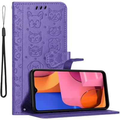 Cadorabo Hoesje geschikt voor Samsung Galaxy A20s in SHINY PAARS - Beschermhoes honden en katten met standfunctie en kaartsleuven Book Case Cover Etui