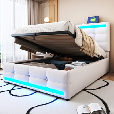 MODFU Bedframe 90x200 cm – Linnenlook met RGB LED (app) & verstelbaar hoofdbord – Beige