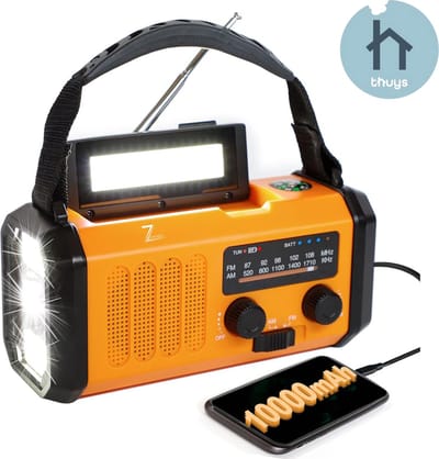 Thuys - Noodradio Opwindbaar en Batterij - Noodpakket - Noodradio Solar Opwindbaar - Powerbank Zonneenergie - Draagbare Radio - Praktisch
