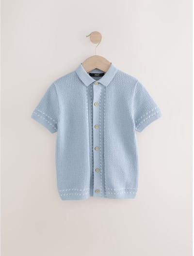 Next - Jongens - 100% katoenen gebreid poloshirt met korte mouwen - Blauw