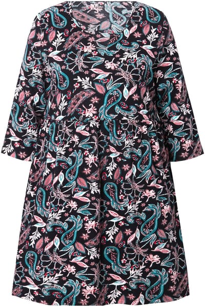 Ulla Popken - Dames - Jersey jurk paisley A-lijn tuniekhals 3/4-mouwen - Zwart - Maat 46+