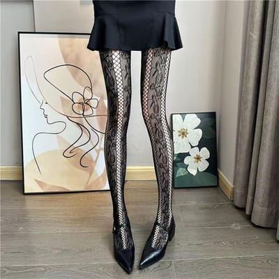 Collants Rayés Verticaux Sexy Noir Violet pour Femmes Pantyhose en Dentelle Creuse Bas Filet Respirant Jk One Size gray