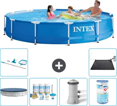 Intex Rond Frame Zwembad - 366 x 76 cm - Blauw - Inclusief Afdekzeil - Onderhoudspakket - Zwembadfilterpomp - Filter - Schoonmaakset - Solar Mat - 7-delig