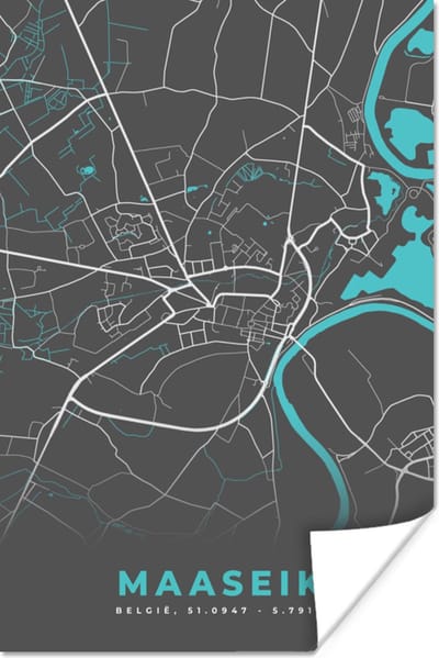 Poster Plattegrond – Maaseik – Blauw – Stadskaart - Kaart - 120x180 cm XXL