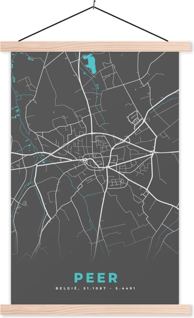 Posterhanger incl. Poster 40x60 cm - Schoolplaat - Plattegrond – Peer – Blauw – Stadskaart - Kaart - België - Textielposter - Blanke latten - Stadskaart