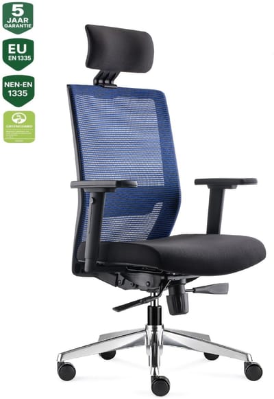BENS 850H-Ergo-3 Blauw - Ergonomische Bureaustoel - Bureaustoelen voor volwassenen - Kantoorstoel - Incl. Hoofdsteun - Gepolijst aluminium voetenkruis - GREENGUARD GOLD - NEN-EN1335 & ARBO normen
