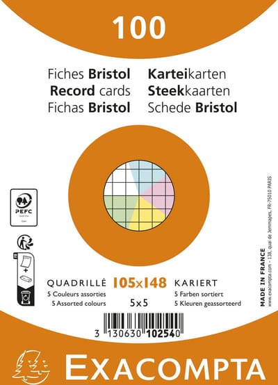 Exacompta 20x Pak 100 steekkaarten onder krimpfolie - Bristol geruit 5x5 niet geperforeerd 105x148mm - Geassorteerd - 10254E