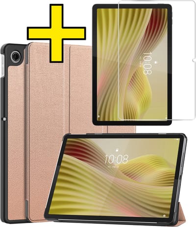 Hoes - Geschikt voor Lenovo Tab 10.1 inch - Met Screenprotector - Trifold Bookcase - Hard Cover - Hardcover Book Case - Tablet Hoesje - Rosé goud