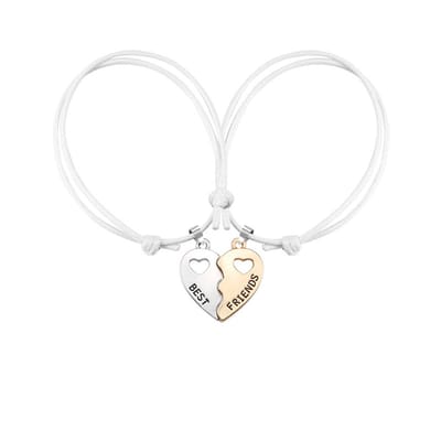 Bixorp Friends Vriendschapsarmbandjes voor 2 met Goudkleurig & Zilverkleurig Hartje in Twee helften met Wit Bandje - BFF ArmbandMeisjes - Best Friends Armband Vriendschap Cadeau voor Twee