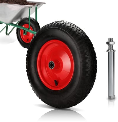 Kruiwagenwiel met Pneumatische Band 390mm - Luchtdrukband met Kogellagers - Reserveband voor Kruiwagen - Draagkracht 200kg - Geel/Rood