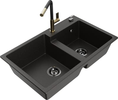 Mexen Tomas granieten gootsteen 2-kamers met keukenkraan Flora, zwart/goud metallic - 6516-75-670401-57-B