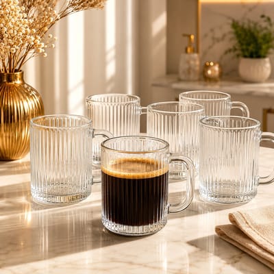 Mevaz Glazen Mokken Set van 6 – 350 ml – Geribbelde Koffiemokken met Oor – Transparante Glazen Bekers – Theeglazen – Latte, Cappuccino, Espresso & Warme Dranken – Ribbelglas