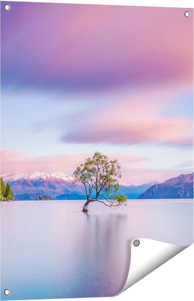 Gards Tuinposter Wanaka Boom in het Water bij Zonsopgang - 60x80 cm - Tuindoek - Tuindecoratie - Wanddecoratie buiten - Tuinschilderij