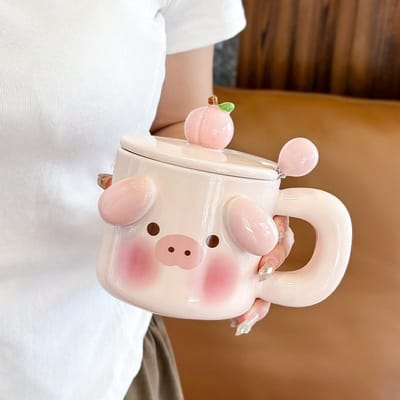 Schattige Mok met Deksel Lepel Creatief Koppels Cadeau Keramische Kop Meisjes Thuis Kantoor Koffie Water Kop Mannen 480ML brown