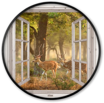 Poster in lijst Rond - Fotolijst 60x60 cm - Posters - Herten - Bos - Herfst - Bosdieren - Natuur - Hert - Doorkijk - Ronde posterlijst zwart - Decoratie - Wanddecoratie woonkamer - Muurdecoratie slaapkamer