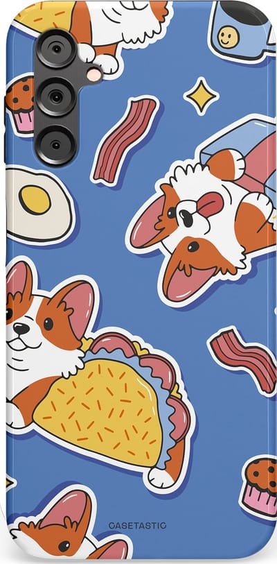 Casetastic Hoesje Geschikt voor Samsung A14 (5G/4G) - Stijlvolle Beschermende Duo-layer Case - Corgi en Snacks