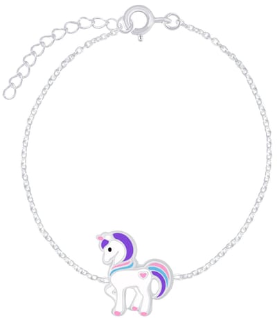 Joy|S - Zilveren eenhoorn armband - pony armband - 14 cm + 3 cm - unicorn multicolor - met roze hartje - voor kinderen