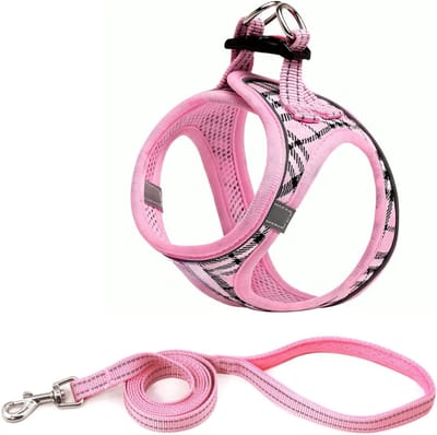 Famanu – Hondentuig voor kleine honden met riem - anti-trektuig Reflecterend ademend borsttuig - puppytuig voor kleine - middelgrote honden (L - Roze geruit)