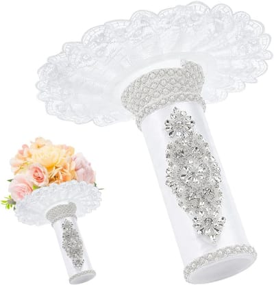 Boeket Houder - Bloemen Standaard - Bruiloft Decoratie - Versierd met Steentjes - 20.5 cm Lengte - Wit