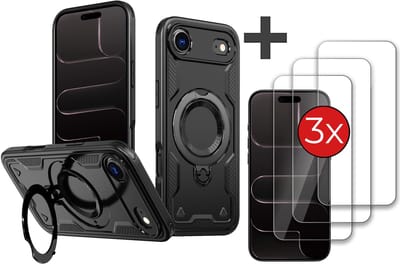 Hoesje Geschikt voor iPhone 17 Air met 3 Stuks gehard glas Screenprotector - Armor hoes met Ringhouder - Arara backcover - Zwart