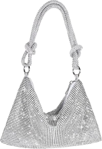 Dames Avondtas Met Strass - Handtas - 25x16cm Glitter Clutch - Voor Feest & Trouw - Met Ajusteerbare Schouderband - Incl. Binnenvak - Zilver