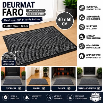 Wicotex - Deurmat - Schoonloopmat Faro - Afmeting 40x60cm - Kleur Zwart - Grijs
