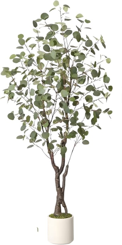 Kunstmatige eucalyptusboom - Voor thuiskantoor - Decoratieve kamerplant met LED-verlichting - Groen met witte plantenbak - Groen-150cm