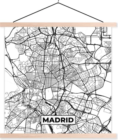 Posterhanger incl. Poster 40x40 cm - Schoolplaat - Madrid - Zwart Wit - Stadskaart - Plattegrond - Kaart - Textielposter - Blanke latten - Stadskaart