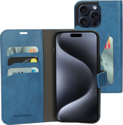 Mobiparts hoesje geschikt voor Apple iPhone 15 Pro Max - Wallet/Boekhoesje - Eco Leer - Magneet Sluiting - Opberg vakken - Blauw