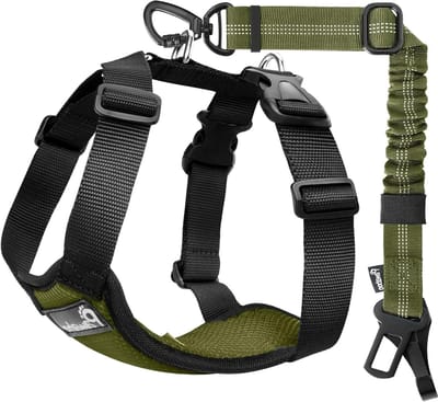 Verstelbare Hondenautogordel met Dubbele Clips, Veiligheidsvest voor Honden, Geschikt voor Kleine, Middelgrote en Grote Honden, Kleur: Army Groen en Zwart