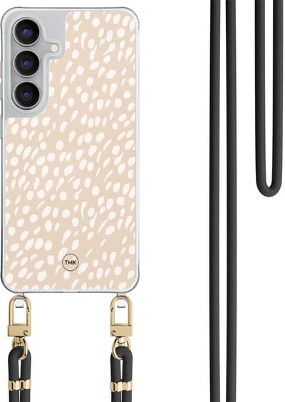 Telefoonhoesje met koord geschikt voor Samsung S25 FE - Sand dots - Inclusief Zwart koord - Transparant, Beige - Gestipt - Crossbody beschermhoes - Met Telefoonketting