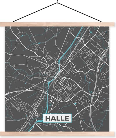 Posterhanger incl. Poster 40x40 cm - Schoolplaat - België – Halle – Stadskaart – Kaart – Blauw – Plattegrond - Textielposter - Blanke latten - Stadskaart