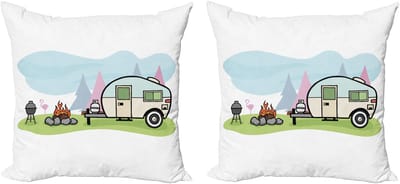 ABAKUHAUS Reiskussenhoes (set van 2), cartoonstijl met kampeertafereel, moderne accenten, dubbelzijdige digitale print, 40x40 cm, meerkleurig
