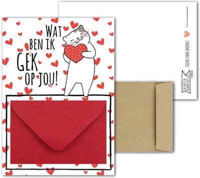 Geldkaart met mini Envelopje -> Liefde Valentijnsdag - No: 07 (Gek op jou-Kat/Poes met hart) - LeuksteKaartjes.nl by xMar