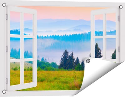Gards Tuinposter Doorkijk Mistige Heuvel Landschap met Bossen - 60x40 cm - Tuindoek - Tuindecoratie - Wanddecoratie buiten - Tuinschilderij