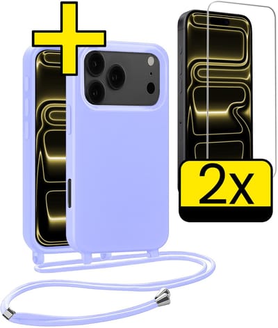 Hoesje Geschikt voor iPhone 17 Pro Hoesje Met Koord Met 2x Screenprotector Siliconen Case - Hoes Geschikt voor iPhone 17 Pro Backcover Met Afneembaar Koord - Lila