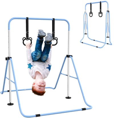 Verstelbaar Turnrek Voor Kinderen - Gymnastiek Rek - Gymnastiekrek Met Ringen - Turnrek Met Turnringen - Turnstang - Duikelrek - Duikelstang - Klimrek - Klimboog - Fitness Rek - Staand - Inklapbaar Turnrek - Turnen Thuis - Thuisgym Kinderen - BLAUW