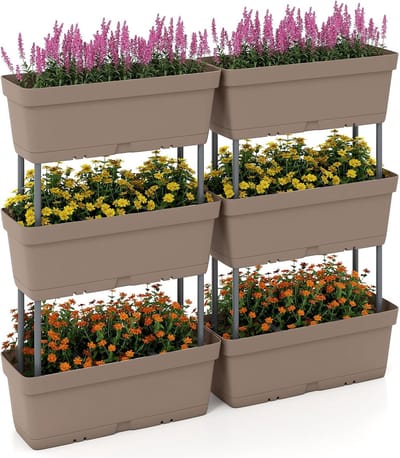 KOMFOTTEU 6 stuks plantenbakken, bloembakken van kunststof, verticaal verhoogd bed, doe-het-zelf plantenpotten met netmatten en drainagegaten, tuinbed, plantentrap voor terras, balkon, tuin (grijs)