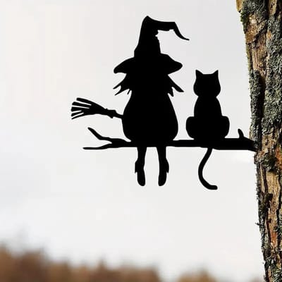 Heksen decoratie - Heks en kat - Tuin versieren - Weerbestendig metaal - 25 x 20 cm - Zwart