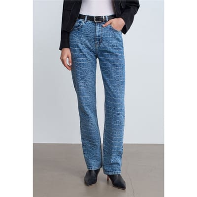 Hoge Taille Rechte Jeans met Textuur