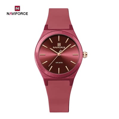 NAVIFORCE horloge met rode gefumeerde siliconen polsband, rode wijzerplaat met gouden wijzers en rode horlogekast voor dames met stijl (Model 5056 RR)