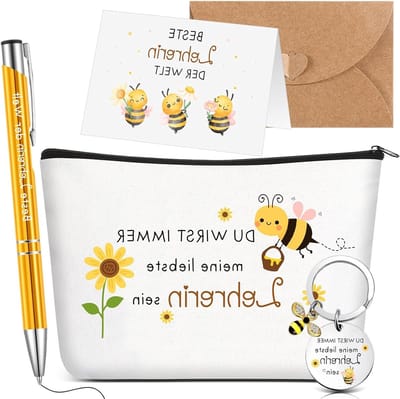 5 Stuks Bedankgeschenken voor Leraren, Balpen, Sleutelhanger, Gegraveerde Cosmetica Tas, Kaart met Envelop, Afscheidsgeschenk voor Onderwijzers