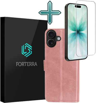 Hoesje Met Screenprotector - Geschikt voor Apple iPhone 17 - Luxe Pasjeshouder - Flipcase - Bookcase Portemonee - Flip Case - Kunstleer Book Case - Book Cover - Walletcase - Portemonneehoes - Rosé goud