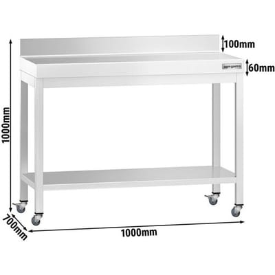 GGM Gastro Edelstahl Arbeitstisch PREMIUM - 1000x700mm - mit Grundboden, Aufkantung & Rollen