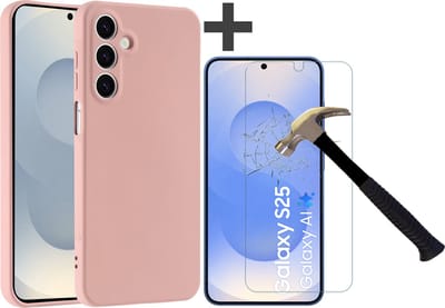 Hoesje geschikt voor Samsung Galaxy S25 hoesje zacht siliconen met gehard glas Screenprotector- Arara backcover - Zand