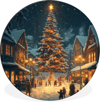 WallCircle - Wandcirkel - Muurcirkel - Kerstfeest - Dorp - Donker - Aluminium - Dibond - 30x30 cm - Binnen en Buiten