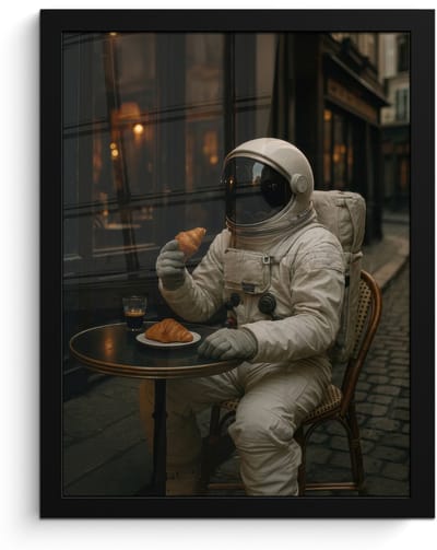 Poster in lijst - Fotolijst 30x40 cm - Posters - Café - Croissant - Koffie - Astronaut - Posterlijst zwart - Decoratie - Wanddecoratie woonkamer - Muurdecoratie slaapkamer
