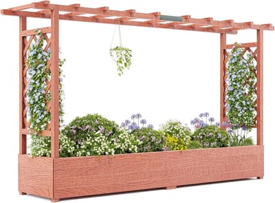 Verhoogde houten plantenbak 200x44x113 cm met klimrek, zijsteunen, afdak & drainagegaten, voor klimplanten & bloemen